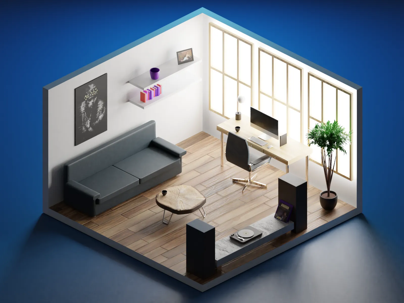 An isometric 3d office scene
