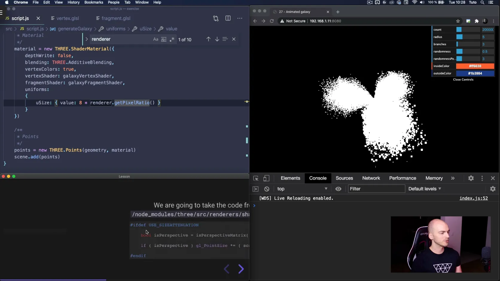 Screenshot of the lesson material showing the instructor, code editor and result